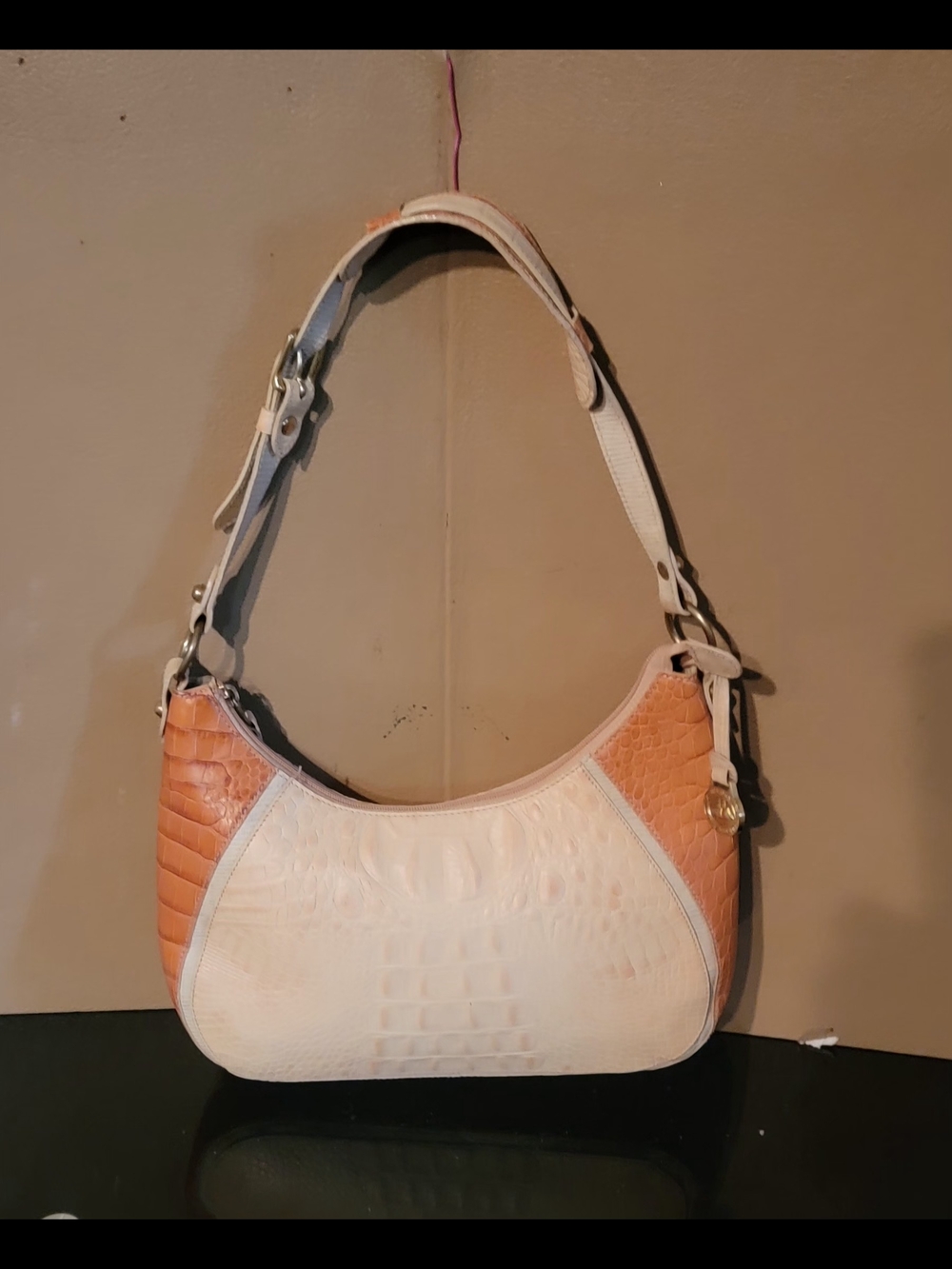 BRAHMIN Two-Tone Cream and Tan Croc-Embossed Shoulder Bag - Picture 12 of 16